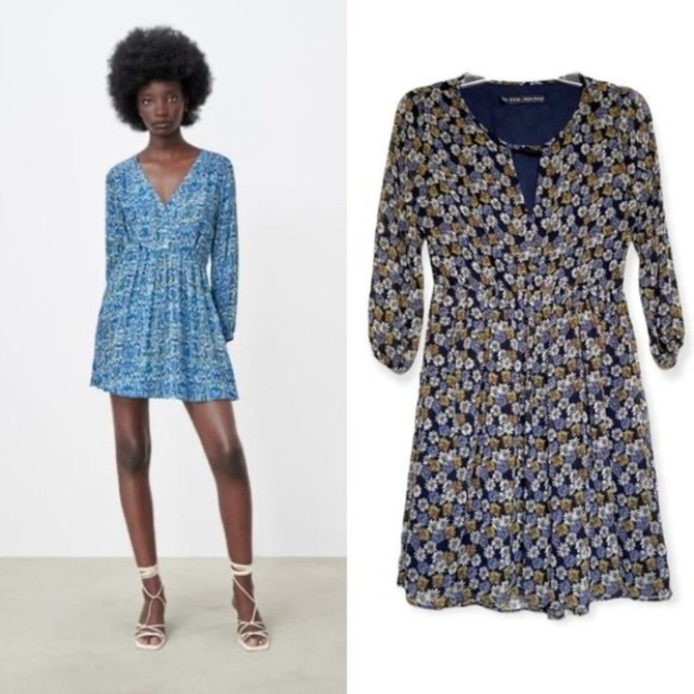 ZARA Blue Floral Print Mini Chiffon Dress Size Small